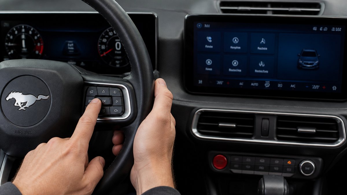 Close-up of a driver's hands pressing the steering-wheel buttons on a 2026 Ford Mustang while the center touchscreen shows the SYNC home screen