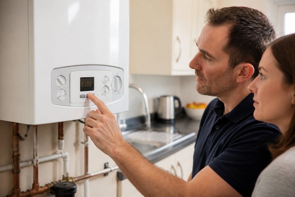 Close-up of a homeowner's hand pressing the reset button on a modern white wall-mounted boiler control panel in a bright kitchen, with a fault code visible on the digital display