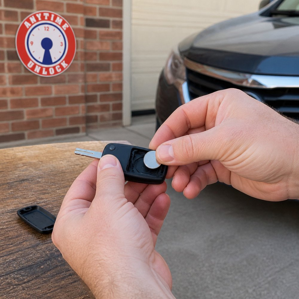 Hands installing a new coin cell battery to help reset car key fob performance in a residential driveway