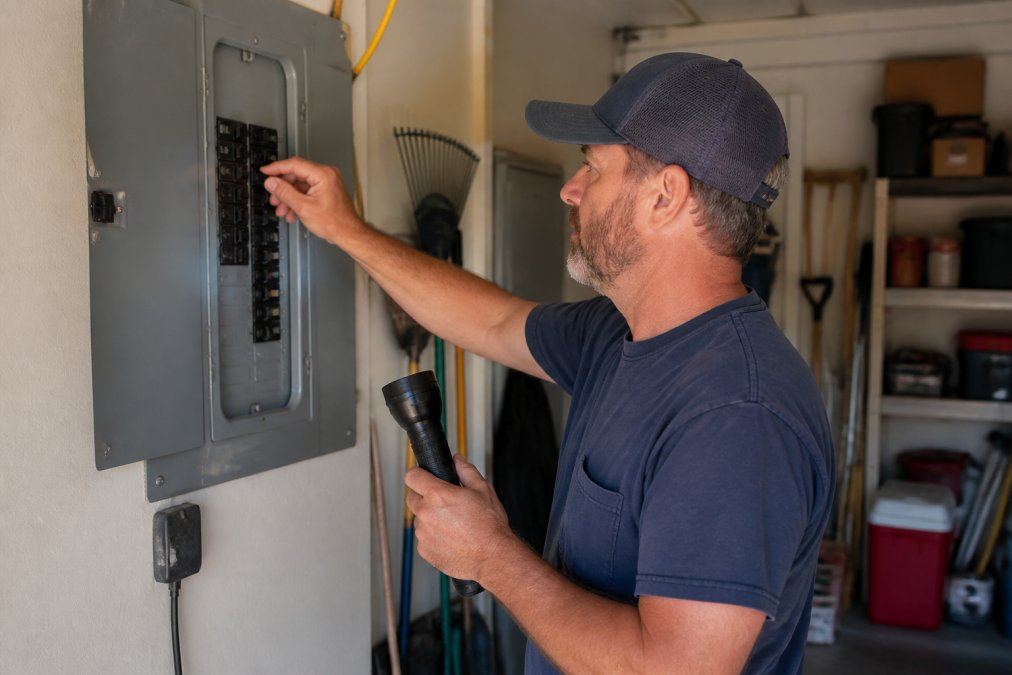 Homeowner using a flashlight to flip a circuit breaker in a garage to reset AC unit after power loss