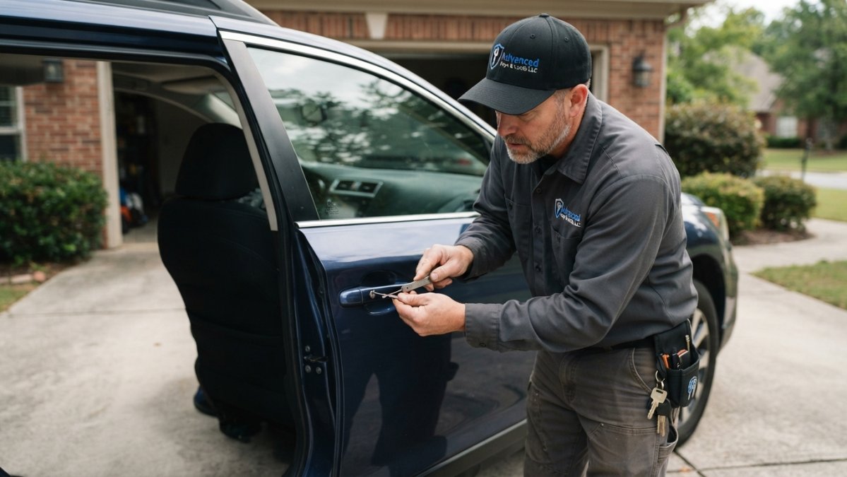 A person's hands inserting a car key into the ignition switch while holding the key fob, car door open, garage setting with natural light