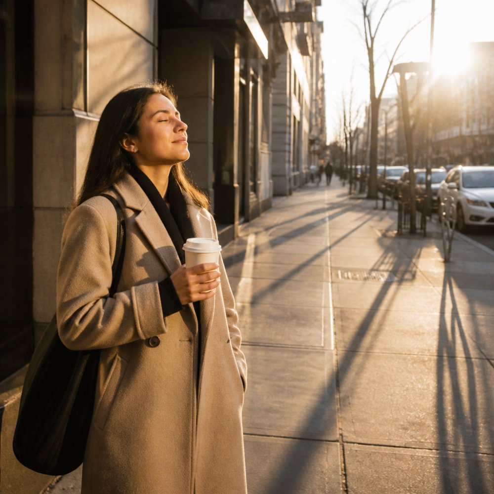 A person standing outside in bright morning sunlight on a city sidewalk, eyes relaxed, holding a coffee cup, with long shadows cast across the pavement