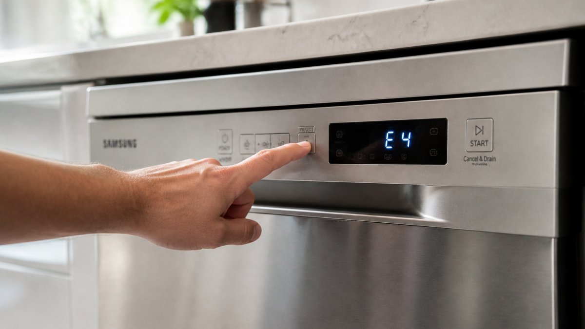 Close-up of a person's hand pressing the control panel buttons on a stainless steel Samsung dishwasher, with the digital display showing a reset sequence, in a bright modern kitchen