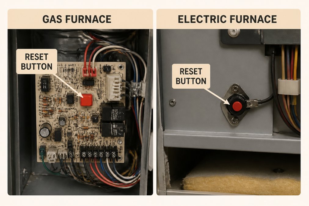 Side-by-side comparison showing a gas furnace ignition control board with a red reset button on the left, and an electric furnace thermal cutoff reset button on the right, with labels pointing to each component