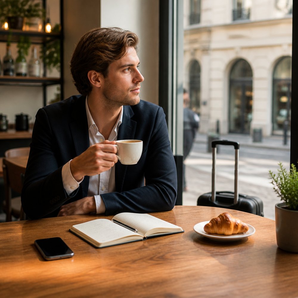7-day recovery infographic for jet lag featuring a refreshed traveler with coffee and travel essentials at a cafe