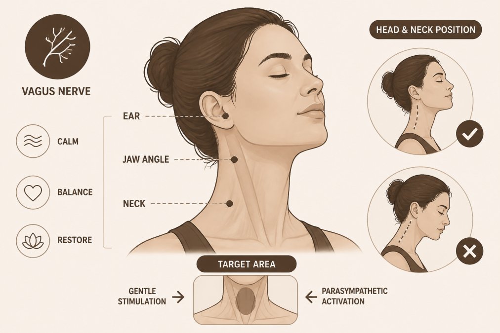 Close-up of a person's face and neck area showing calm expression, demonstrating proper head and neck positioning for vagal techniques, with soft natural lighting