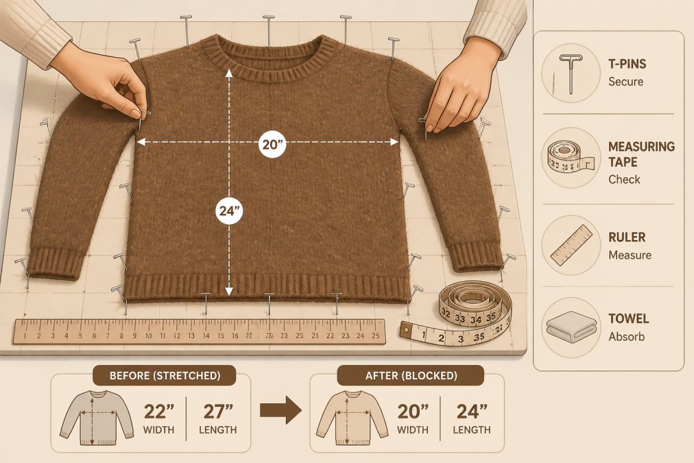 Professional hands using T-pins to secure a wet alpaca sweater onto a blocking board, with a measuring tape and ruler visible showing garment dimensions being measured
