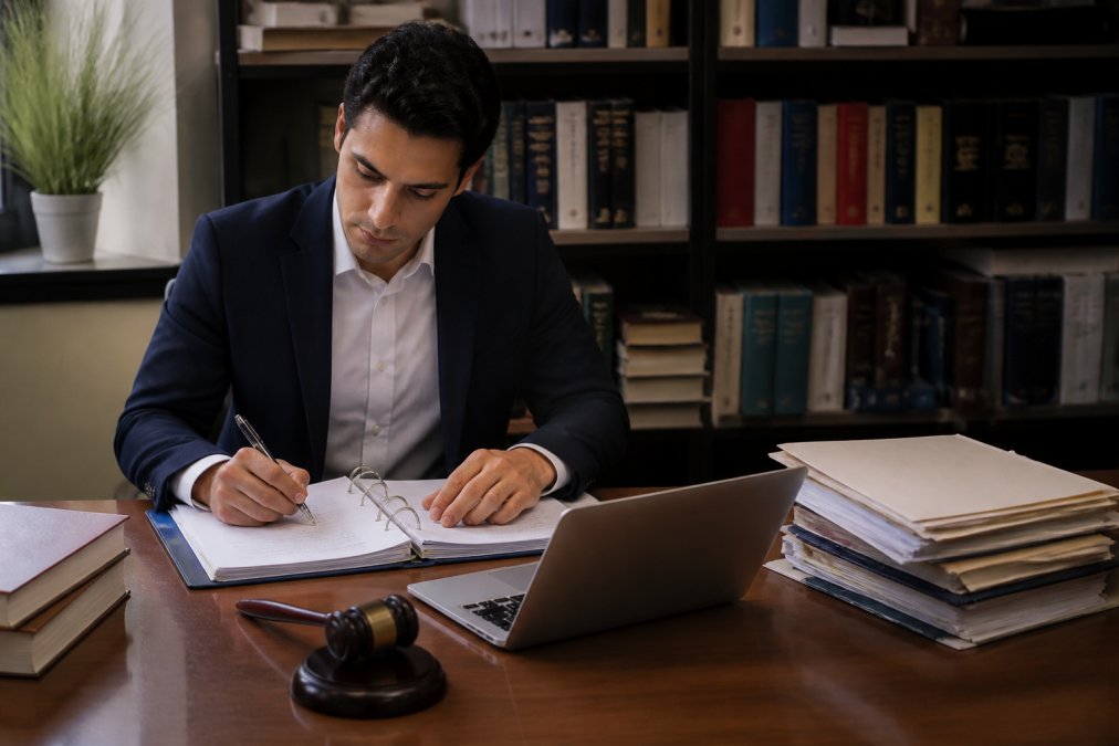 Person sitting at desk with court documents, case files, and laptop, reviewing paperwork and taking organized notes on legal materials