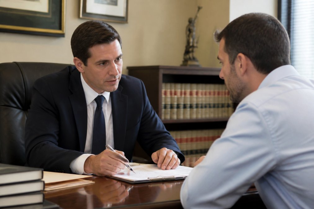 Professional criminal defense attorney in business attire meeting with client at desk in law office, reviewing case documents and discussing legal strategy together