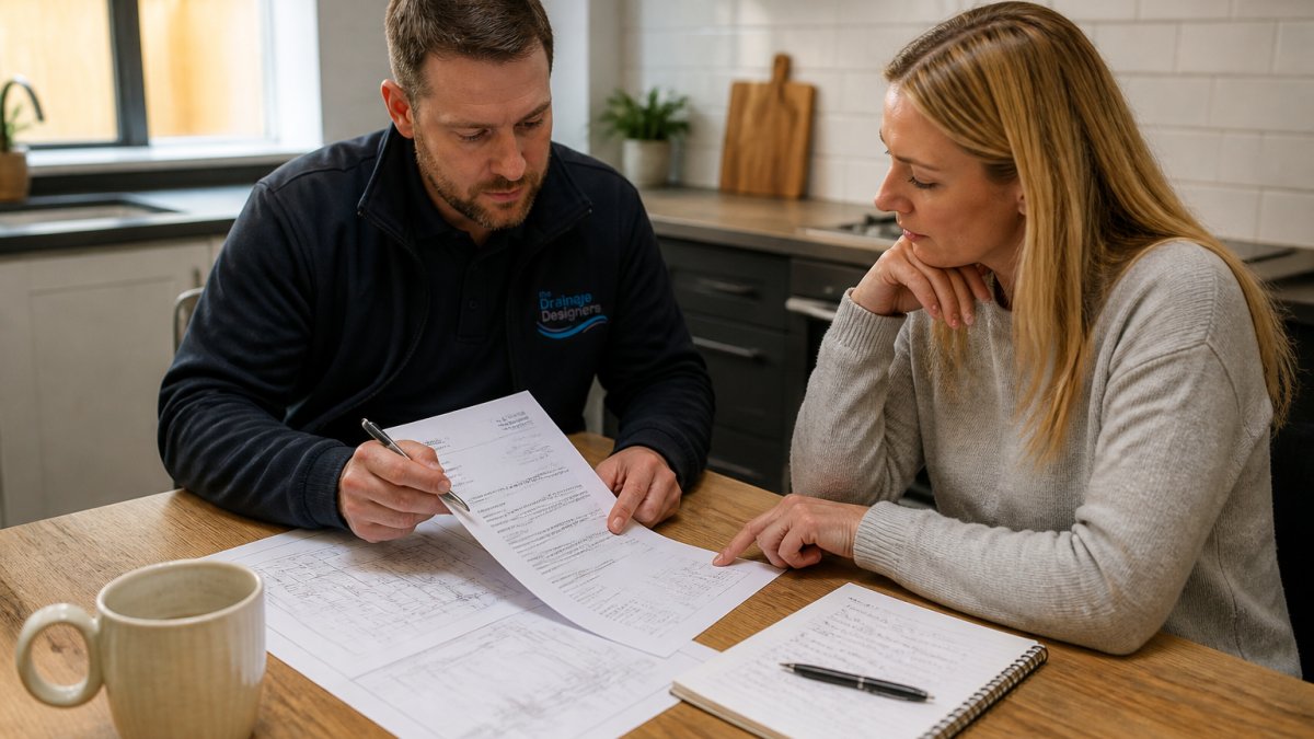 A homeowner and a drainage engineer reviewing a council objection letter spread across a kitchen table, with a laptop showing site plans and a notebook with handwritten notes nearby