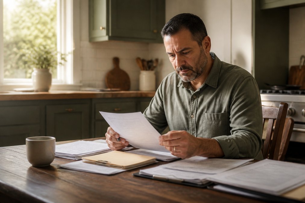 A homeowner sitting at a kitchen table reviewing HOA documents and legal papers, looking concerned but determined, warm afternoon light through the window