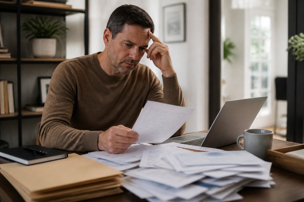 Person sitting at desk reviewing tax documents and bills with a laptop and notebook, looking concerned but determined to take action