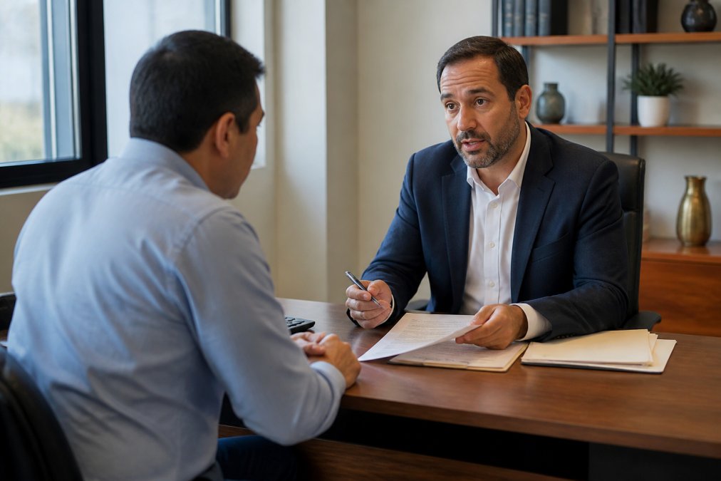 Professional tax advisor meeting with client across a desk in a calm office setting, reviewing paperwork together with natural lighting