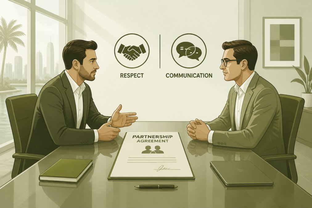Two business partners sitting across a polished conference table in a bright office, engaged in serious but respectful conversation with a partnership agreement document between them, natural morning light streaming through large windows