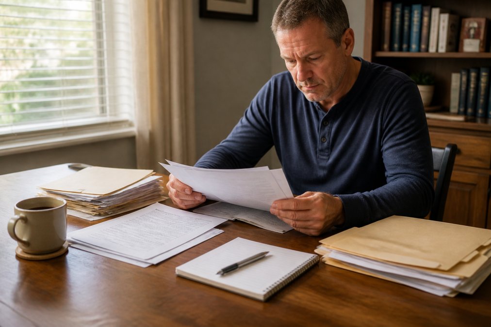Person reviewing financial documents and tax records to resolve unfiled tax returns at a tidy home office desk