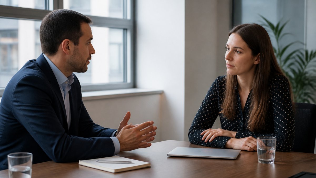 Two professionals having a calm, focused conversation across a table in a quiet office meeting room, with natural light from windows, demonstrating active listening and respectful dialogue