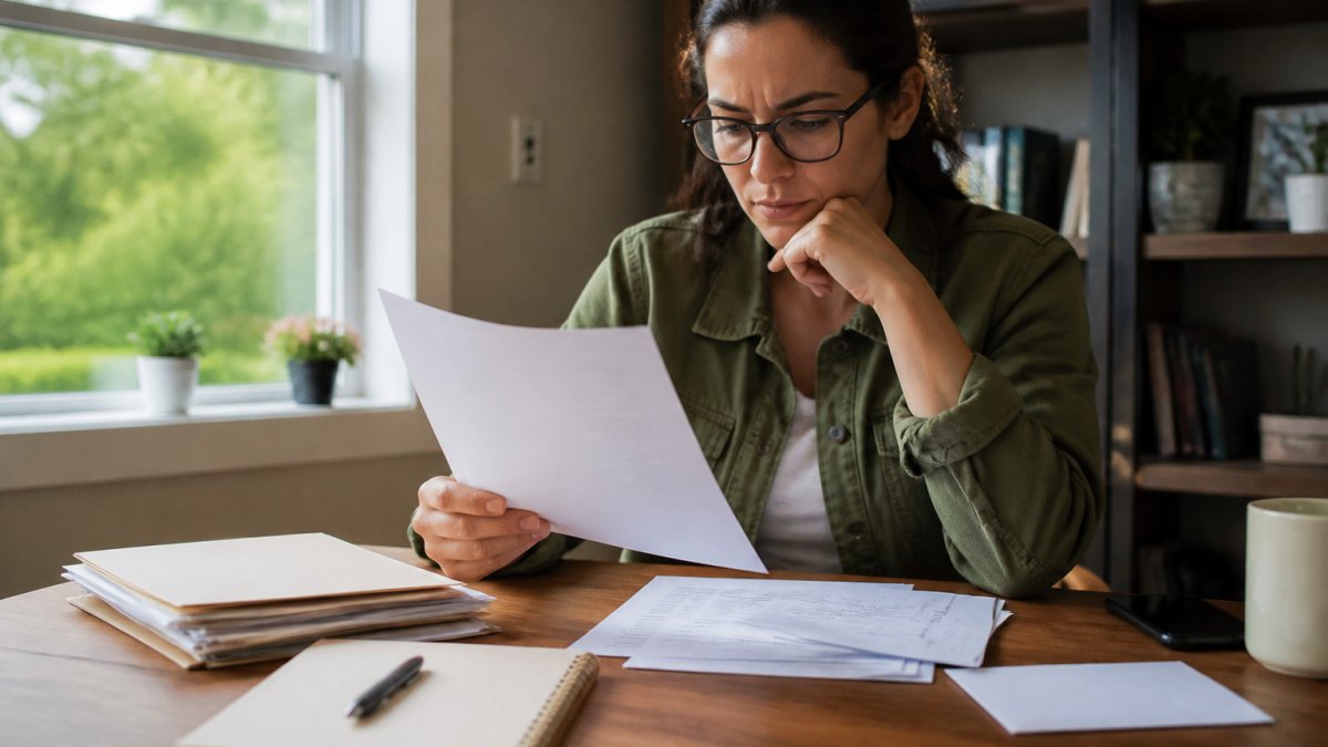 Person sitting at a desk reviewing a collection letter with documents, notepad, and pen nearby, focused expression in natural daylight