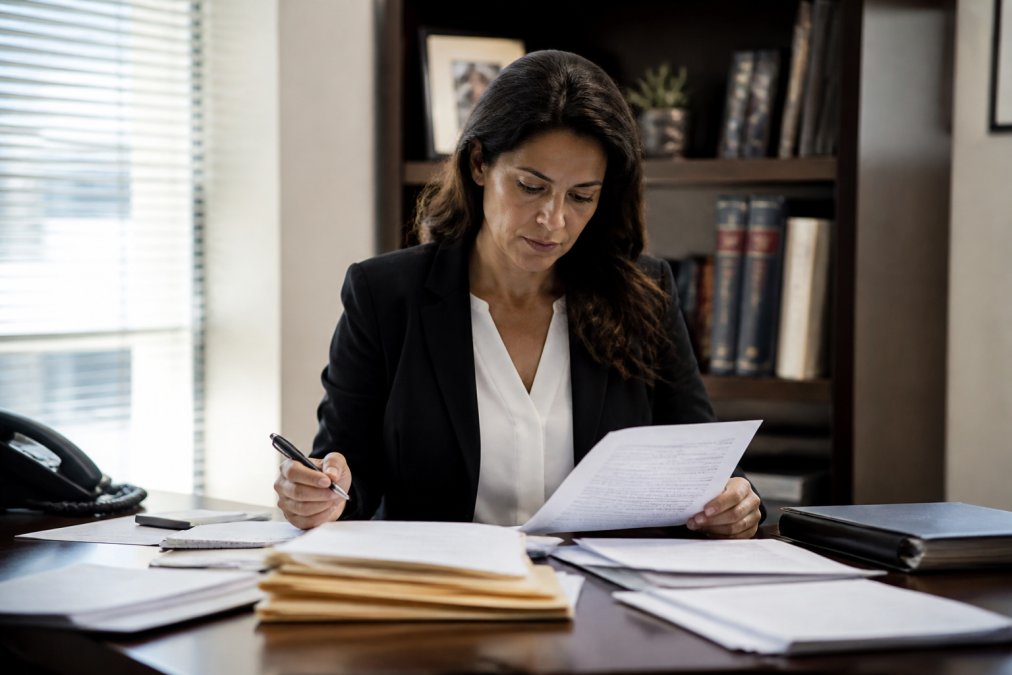Professional sitting at desk reviewing legal documents with pen in hand, papers organized with careful attention to detail under focused desk lighting