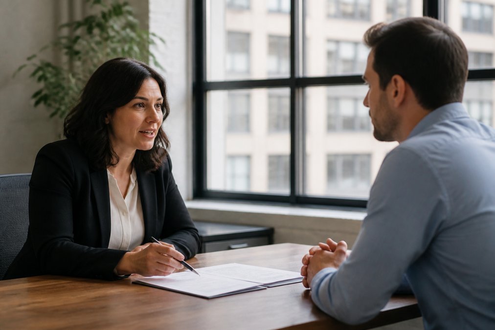 Two people sitting across a table with documents and a pen between them, engaged in calm professional discussion in a modern office setting with natural window lighting