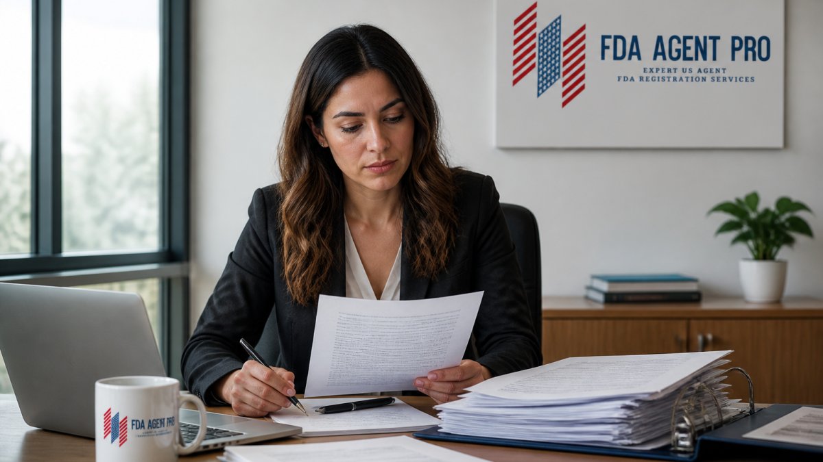 Regulatory affairs professional reviewing documents to respond to FDA inspection at a modern desk
