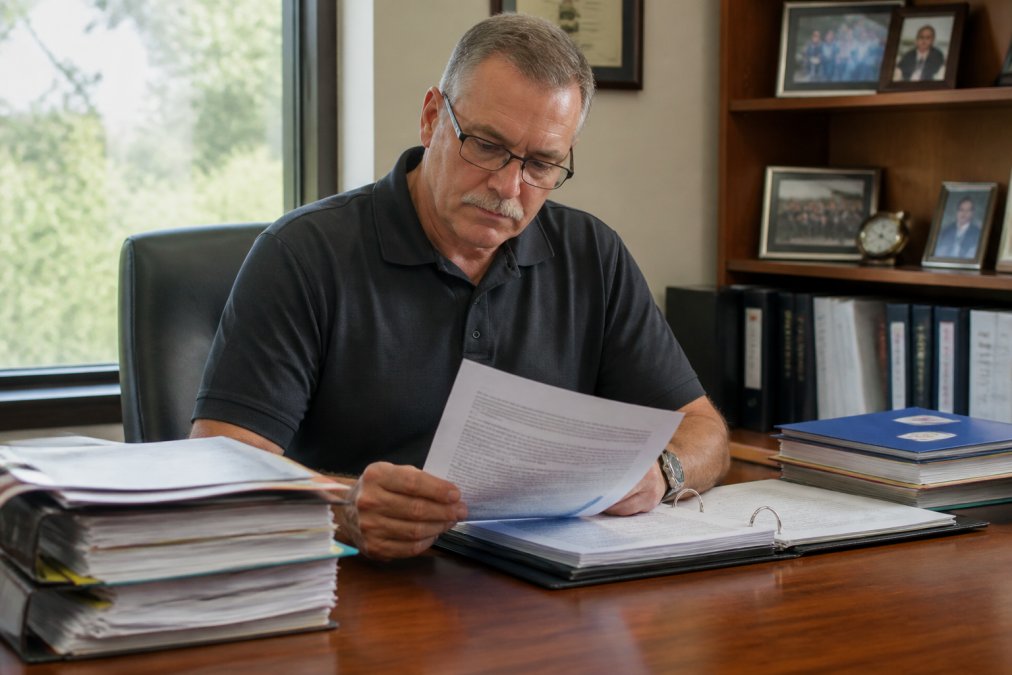 Safety manager or HR professional carefully reviewing a Notice of Civil Penalty document at a desk, with safety inspection reports and compliance files organized in folders nearby, natural office lighting