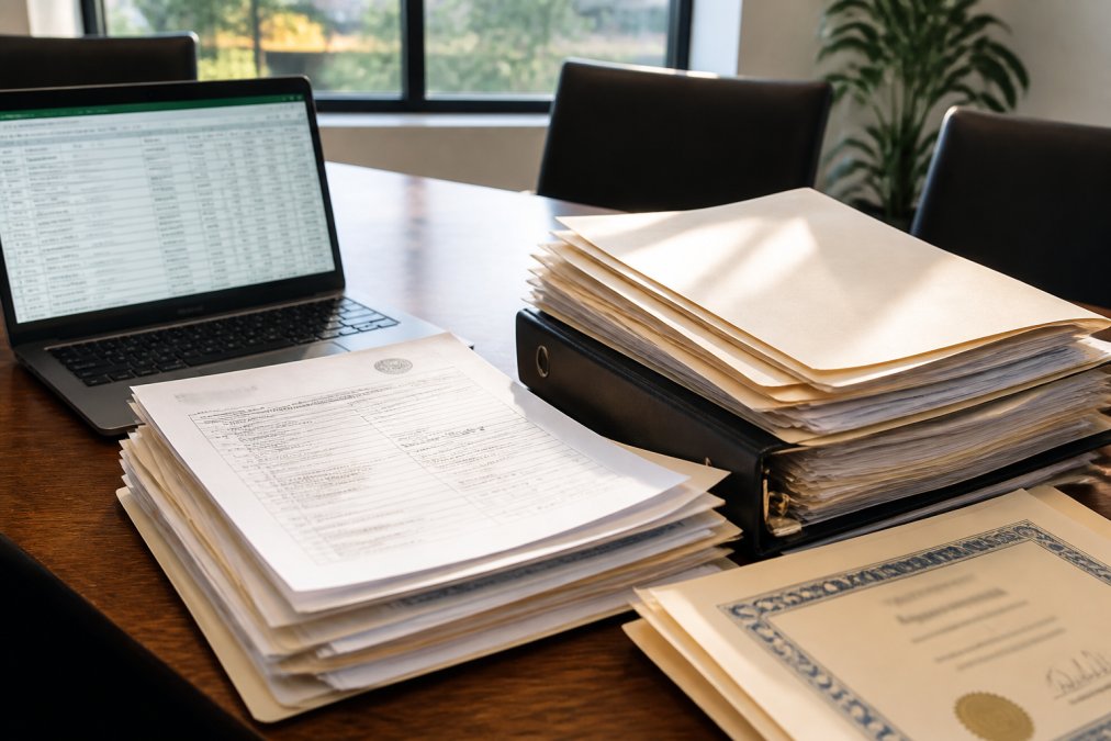 Professional organizing Cal/OSHA inspection records, training certificates, and maintenance logs on a conference table with a laptop open to a compliance tracking spreadsheet, natural office lighting streaming through windows