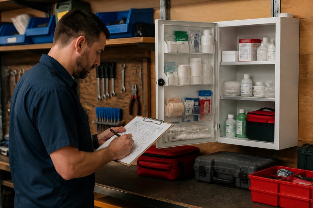 A small business owner in a workshop reviewing a first aid kit inventory checklist on a clipboard, with an open first aid cabinet nearby