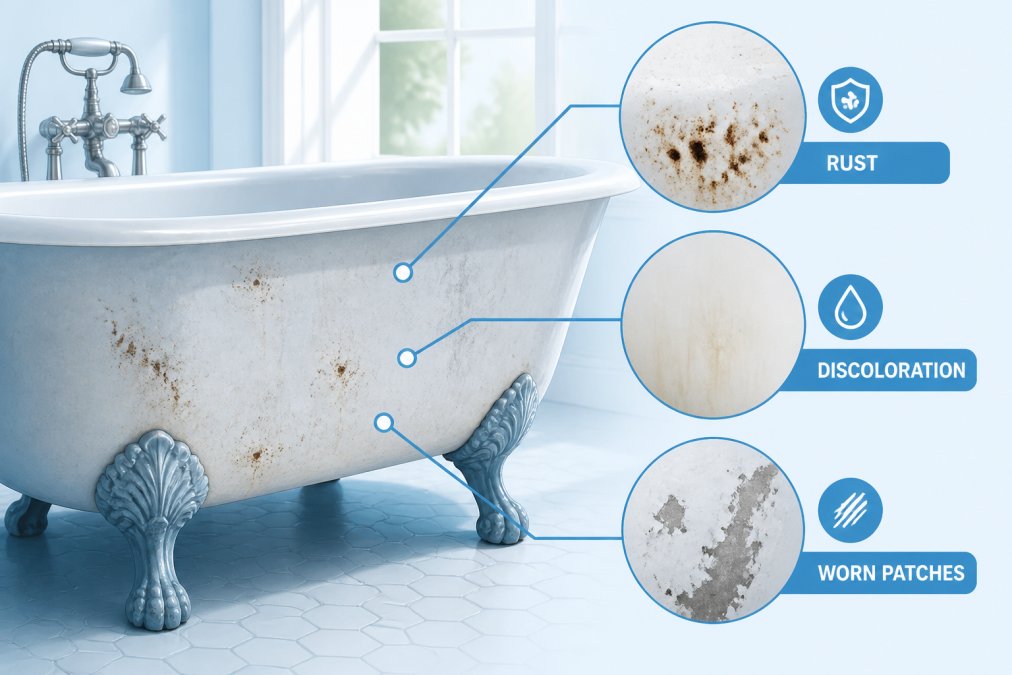 Close-up of a cast iron clawfoot tub showing rust spots, discoloration, and worn patches on the porcelain enamel surface under natural window lighting