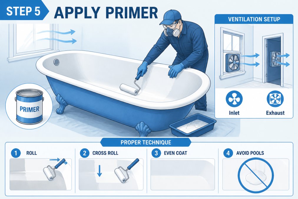 Hands wearing protective gloves and respirator applying primer to the interior of a vintage cast iron tub with a foam roller, showing proper technique and ventilation setup