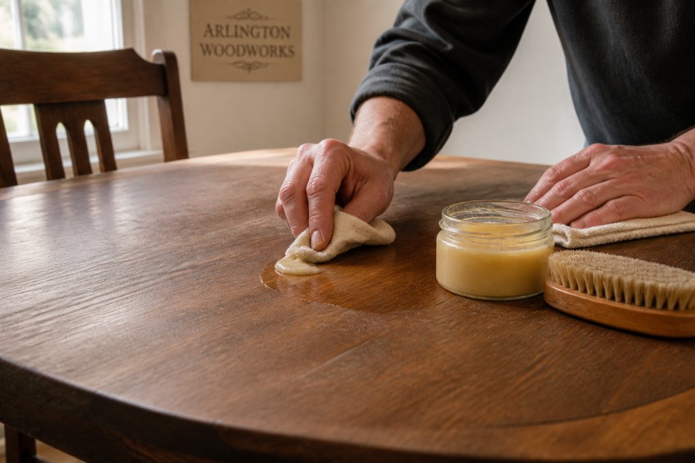 Infographic showing the step-by-step process to restore dull wood furniture using natural balm and a soft cloth.