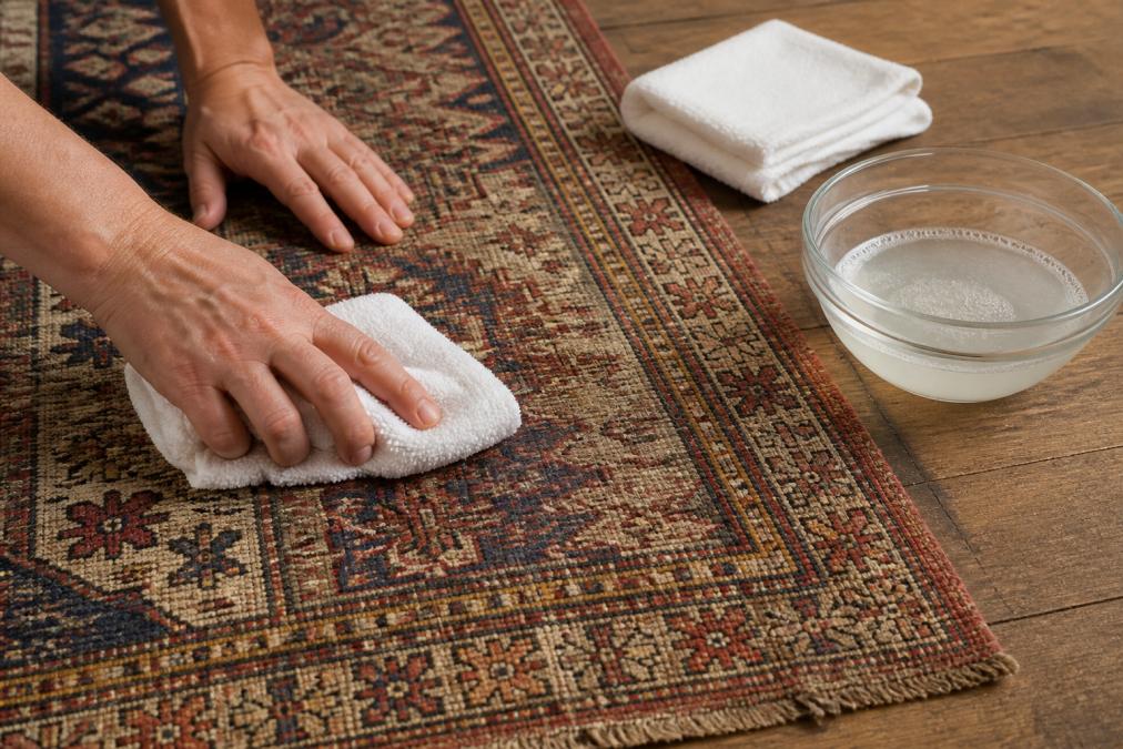 Hands gently blotting a faded antique kilim rug with a white cloth and a pH-balanced cleaning solution.