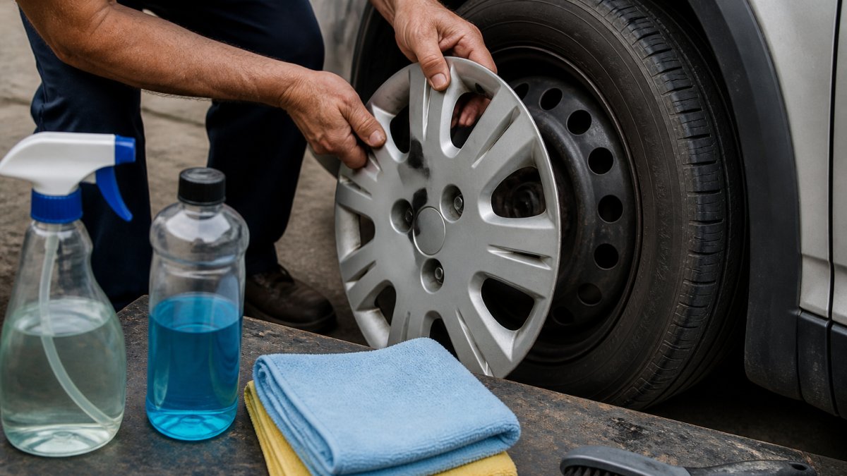 Close-up of hands removing a wheel cover from a tire, with microfiber cloth and cleaning supplies on a workbench nearby