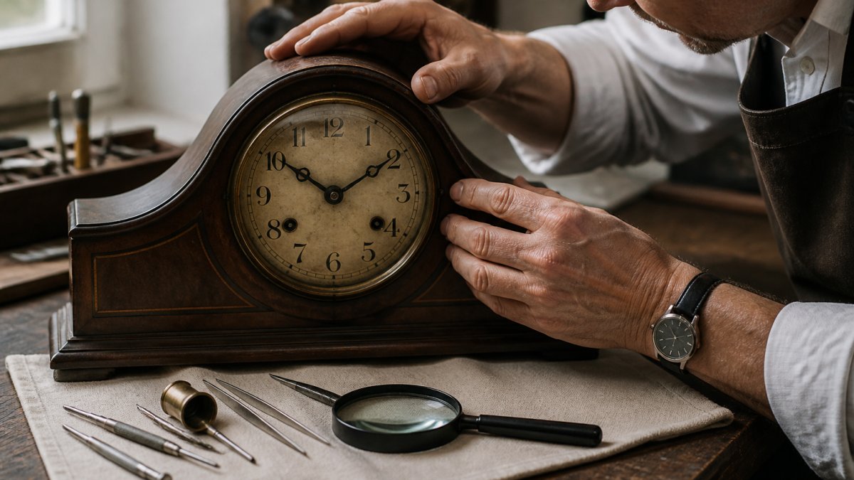 Hands carefully examining an antique wooden mantel clock with precision tools on a workbench nearby.