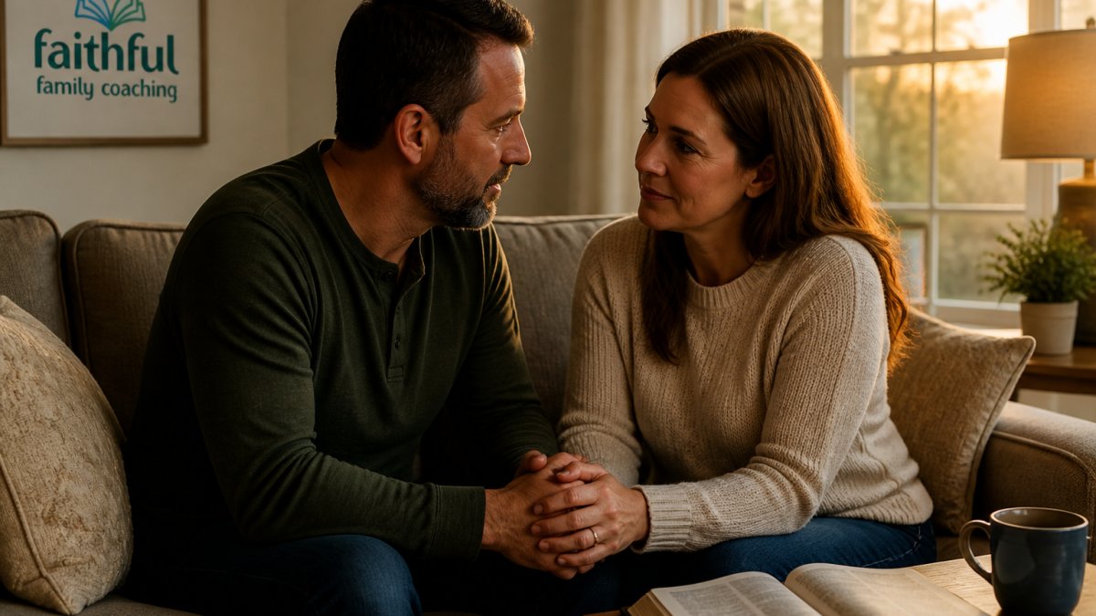 A married couple in their forties sitting close together on a living room couch, holding hands and talking quietly, warm evening light through a window, open Bible on the side table
