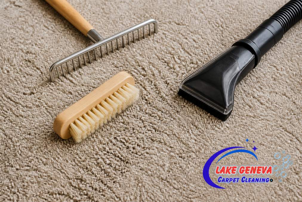 Flat-lay arrangement of carpet restoration tools including rake, upholstery brush, and handheld vacuum on a clean carpet surface showing different fiber lifting techniques