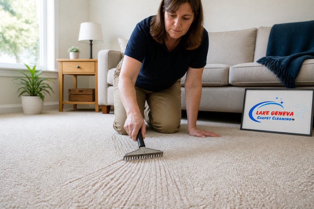 Homeowner using a carpet rake with firm directional strokes on matted carpet fibers in a bright living room, showing proper technique and visible fiber response