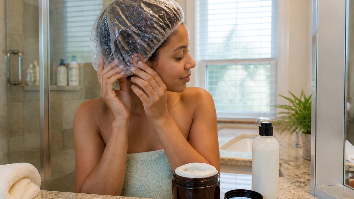 Woman applying a deep conditioning mask to curly hair while wearing a shower cap in a bright bathroom