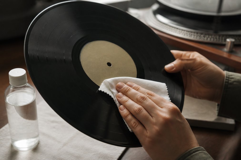 Close-up of hands carefully cleaning a vinyl record with microfibre cloth and distilled water, record held at an angle under soft lighting
