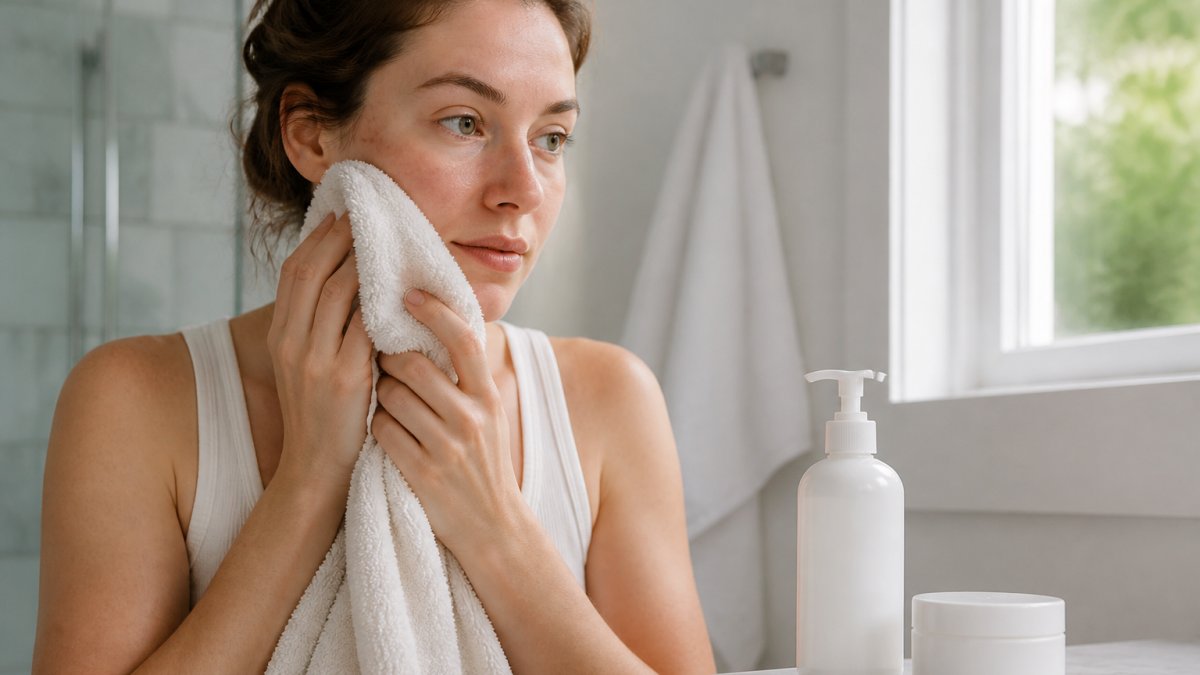 Close-up of a person with sensitive skin gently patting their face dry with a soft towel in a bright bathroom, with a plain pH-balanced cleanser bottle and moisturizer on the counter nearby