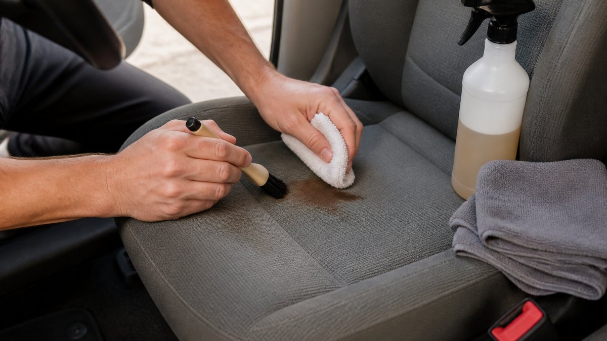 Person cleaning a coffee stain on grey stained car seats using a soft detail brush and a microfiber cloth