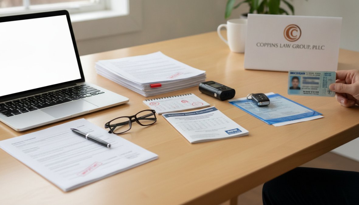 Person sitting at a desk with a laptop, reviewing driver's license reinstatement documents and forms, with a clearance letter and pen visible on the desktop