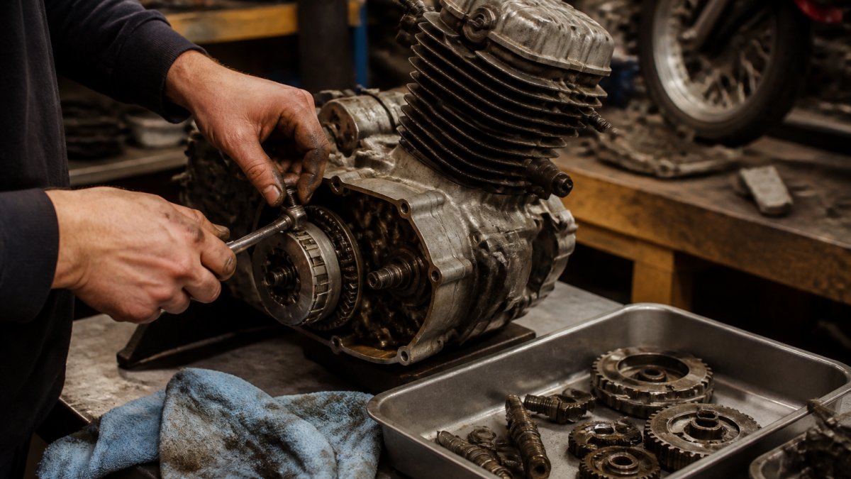 A person's hands using a wrench to carefully remove a bolt from a partially disassembled vintage motorcycle engine on a clean workbench, with labeled parts trays and shop towels nearby