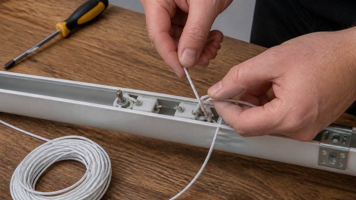 Hands threading a new white cord through the carriers inside an open vertical blind headrail on a workbench.