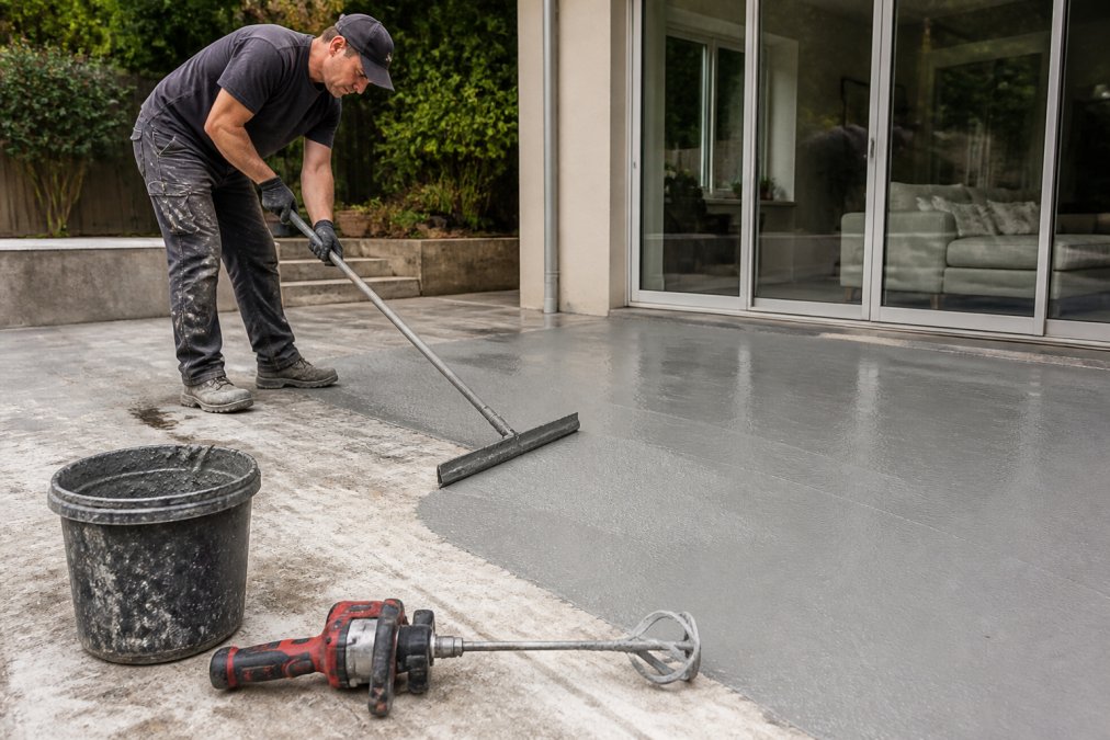 A homeowner in work clothes using a squeegee to apply concrete resurfacer on a prepared patio surface, with a mixing paddle and bucket nearby