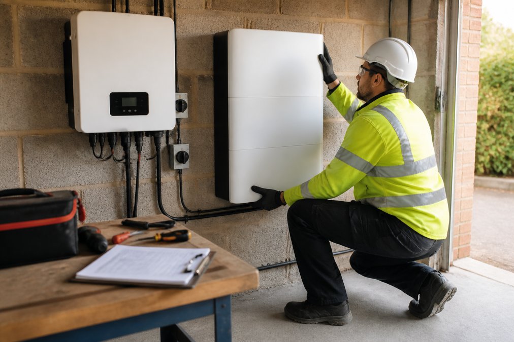 Electrician installing a wall-mounted retrofit battery storage unit next to a solar inverter in a garage