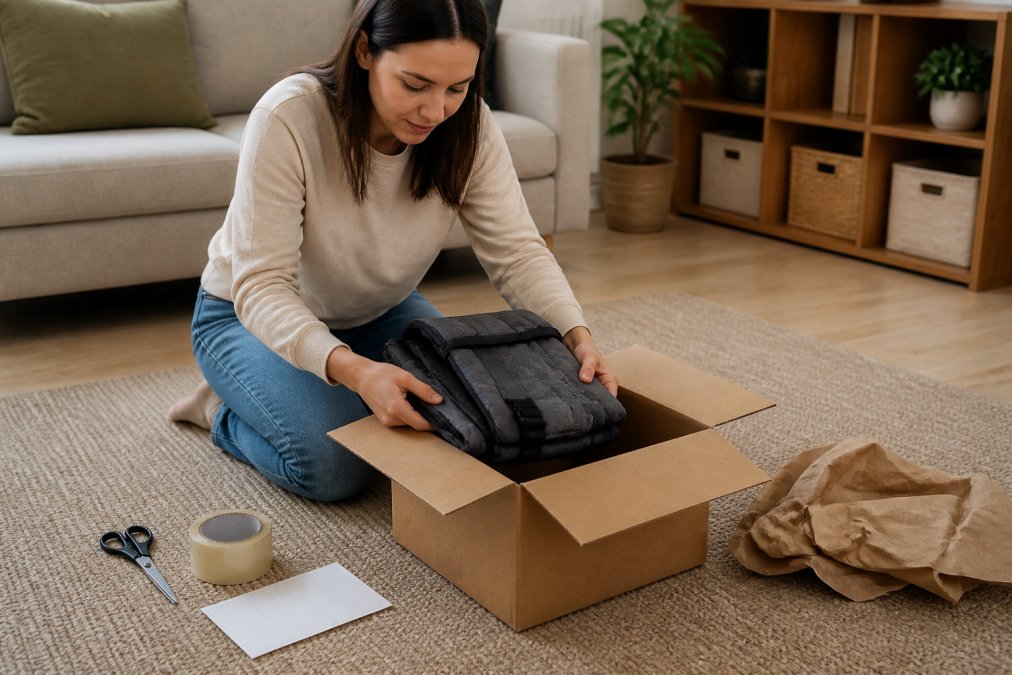 A parent kneeling on a living room floor placing a folded baby carrier into a cardboard box, with tape and a printed return label on the rug beside them
