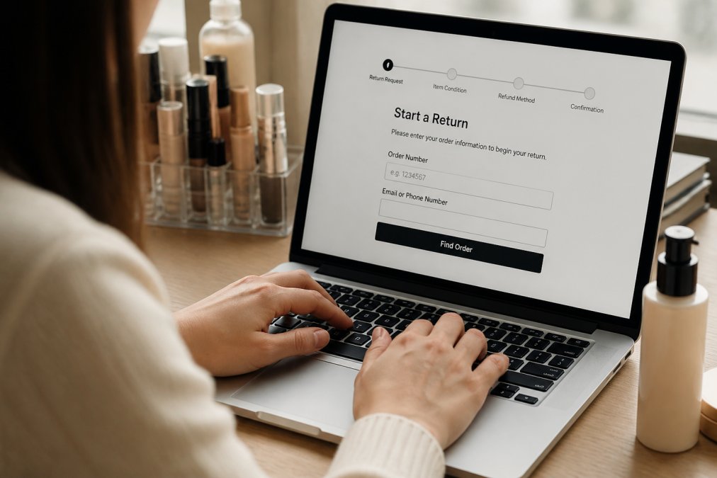 Person's hands typing on a laptop keyboard while viewing an online return form on a beauty retailer's website, with a beauty product bottle visible on the desk beside the computer