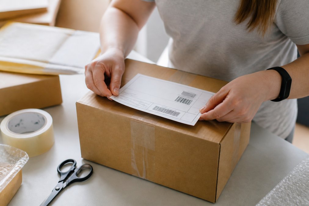 Person's hands carefully taping a printed return shipping label onto a sealed cardboard box containing a beauty product, with packing tape and scissors visible on the table