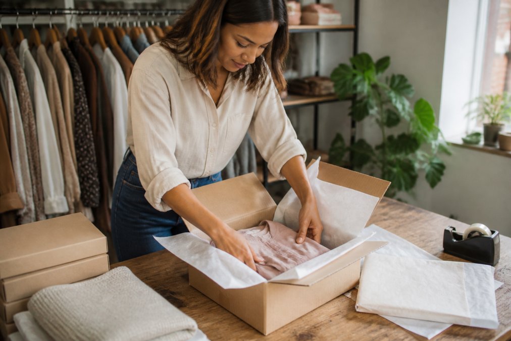 A woman carefully folding a blouse into a shipping box on a clean table, with tissue paper and a printed return label visible nearby