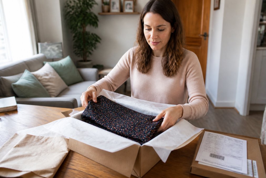 Woman at home carefully packing a returned dress into a box with tissue paper, with an order confirmation and shipping label visible on the table nearby